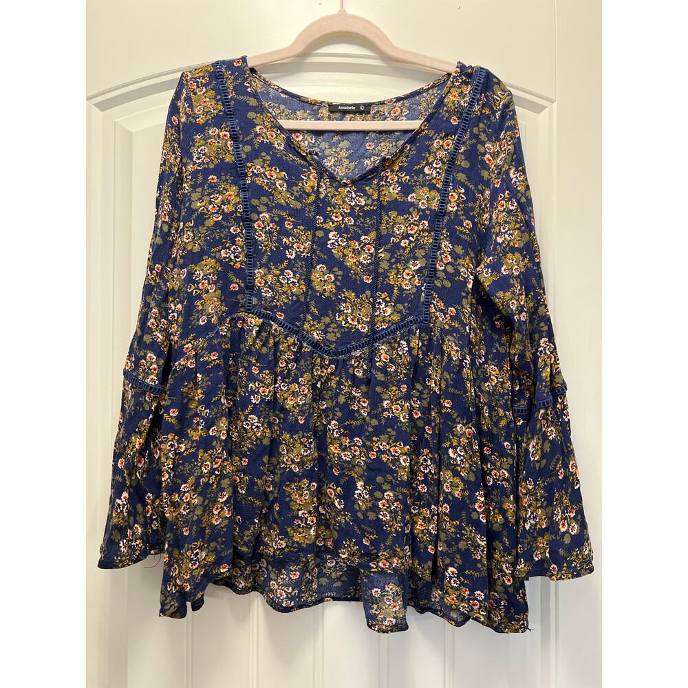 Annabelle Women’s V Neck Long Sleeve Boho Casual Floral Blouse Top Size L Blue